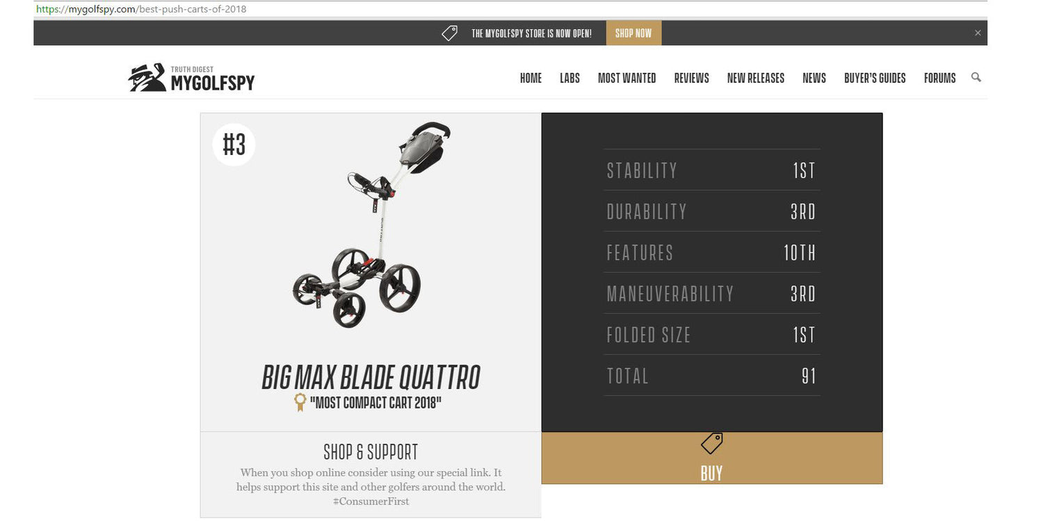 Golf Spy awards BLADE Quattro: “MOST COMPACT CART 2018”